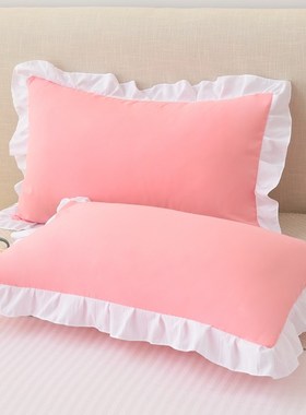 韩版枕套一对装纯色学生枕芯套家用磨毛红色儿童枕套荷叶花边4874