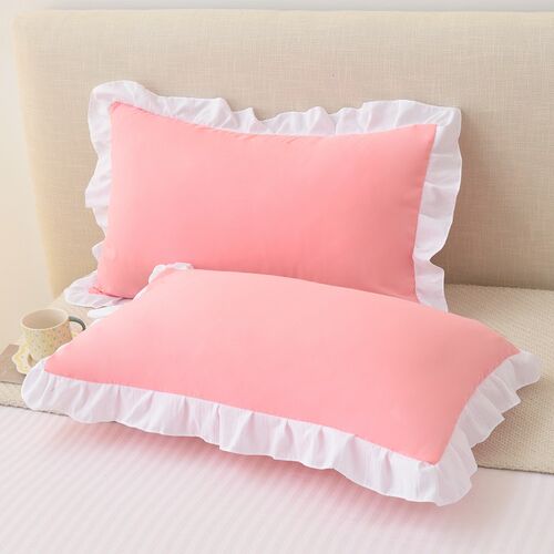 韩版枕套一对装纯色学生枕芯套家用磨毛红色儿童枕套荷叶花边4874