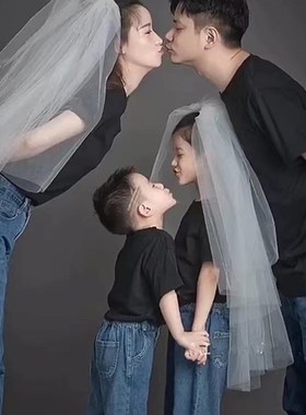 拍照纯色影楼亲子装夏全家福服装家庭装一家三四五口黑色白色t恤