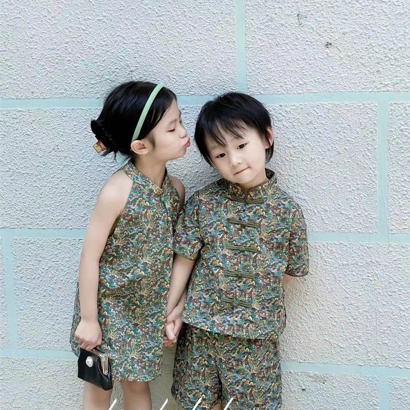 女童背心旗袍中国风改良连衣裙姐弟装男童唐装儿童汉服纯棉套装