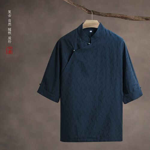 印素复古男装立领偏襟短袖铜扣上衣夏季薄款T恤茶服衬衫修行外套