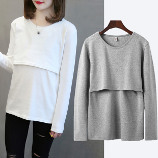 侧开口喂奶衣长袖 产妇哺乳上衣月子服春秋纯棉睡衣 T恤秋冬打底衫