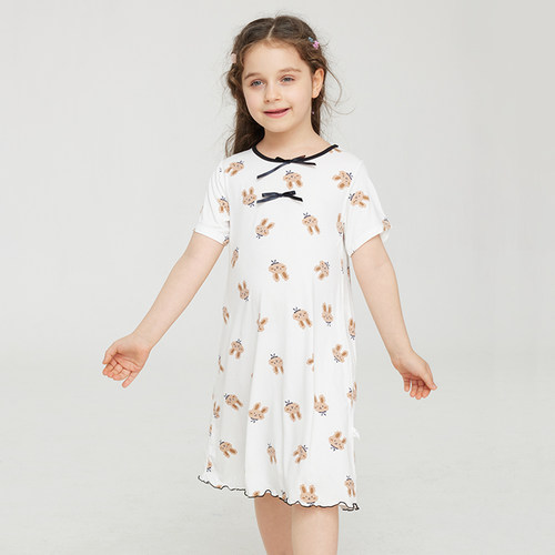 女童睡裙夏季竹纤维短袖薄款公主风儿童睡衣宝宝小女孩大童冰丝款