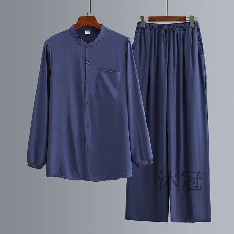 棉绸长袖开衫长裤两件套装男中老年爸爸家居上衣爷爷人造棉睡衣夏