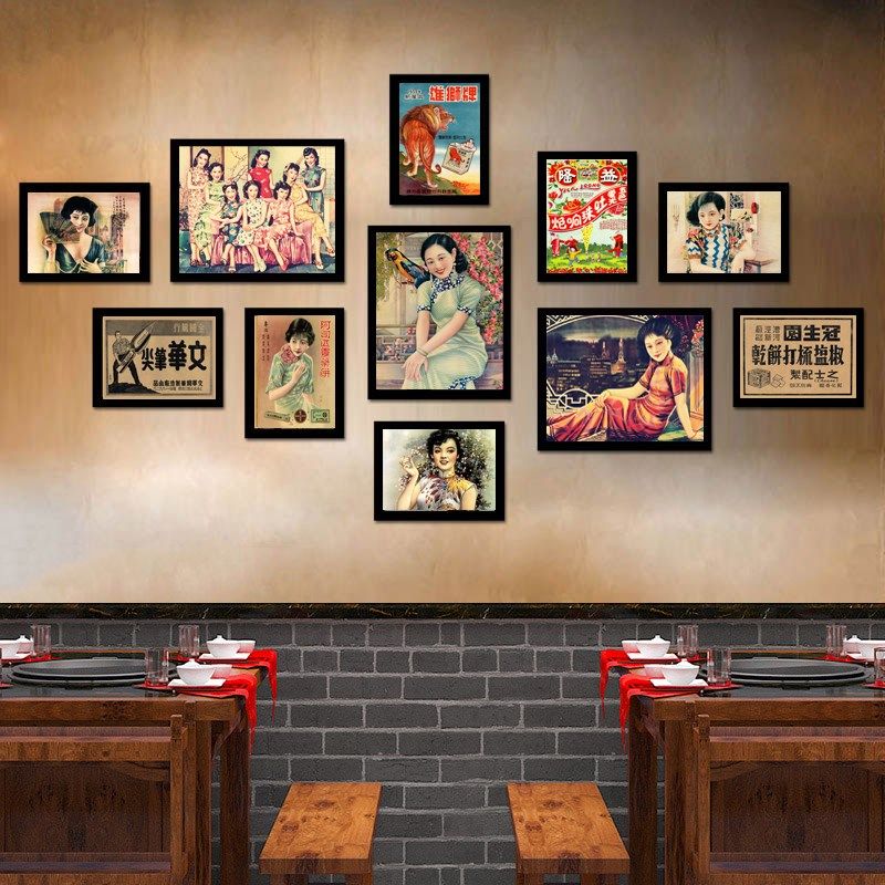 民国风装饰画怀旧复古旗袍美女老照片海报画老上海餐厅火锅店挂画