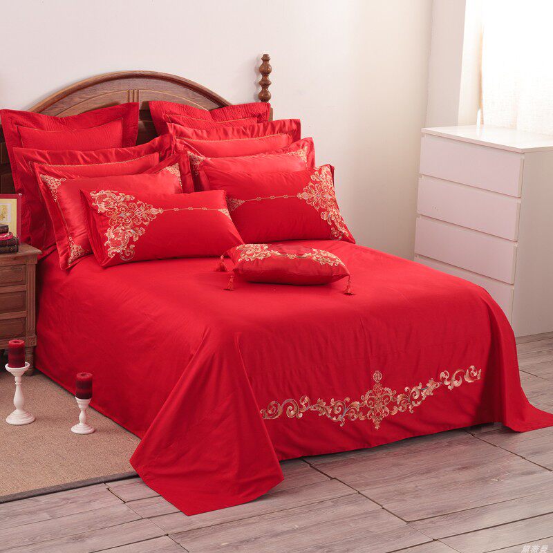 婚庆大红色纯棉床单单件全棉欧式刺绣床上用品结婚被单枕套三件套