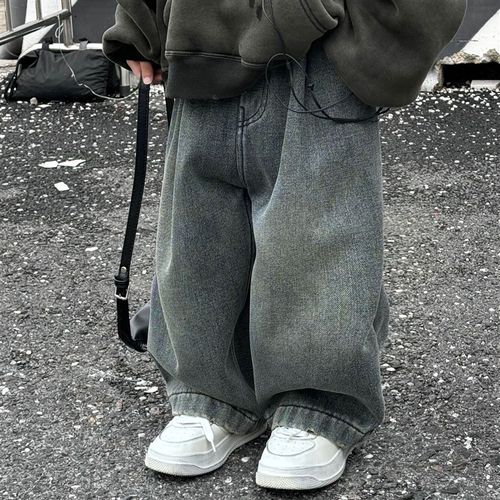 儿童加绒裤子小男孩韩版一体绒直筒裤男童冬季加厚洋气做旧牛仔裤