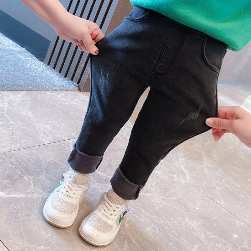男童加绒牛仔裤冬款修身3女宝宝紧身裤子4冬季小脚裤5黑色小童2岁