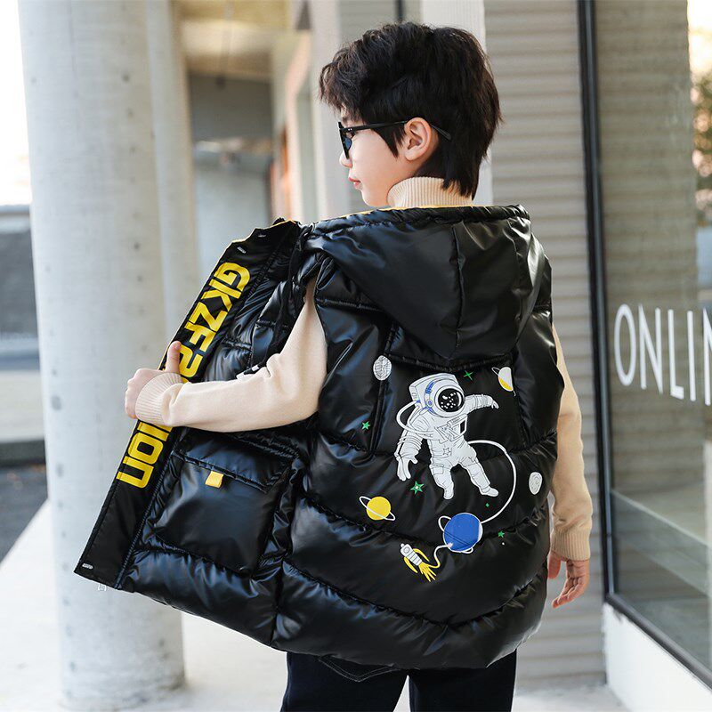 儿童装男童免洗马甲秋冬装羽绒棉坎肩2024新款加厚背心亮皮棉马夹