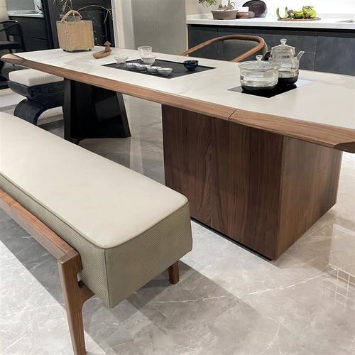 新中式岩板茶桌禅意北美黑胡桃木茶台茶椅组合茶几茶艺泡茶桌家具