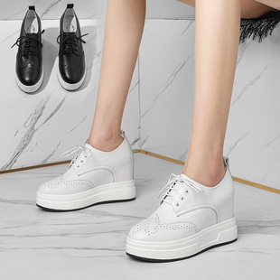 真皮系带厚底松糕9cm内增高坡跟休闲旅游单鞋 小白鞋 女2022年秋季