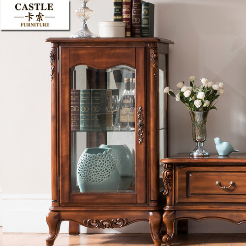美式单门酒柜靠墙玻璃门装饰柜全实木小酒柜客厅欧式展示柜储物柜