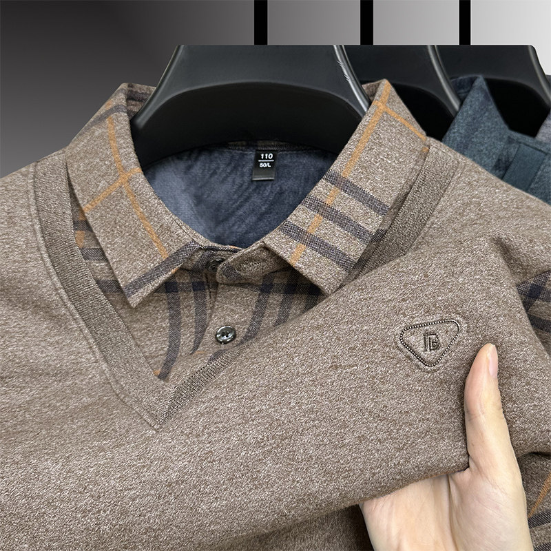 冬款假两件加绒加厚男士毛衣中年保暖德绒带领爸爸一体绒男打底衫