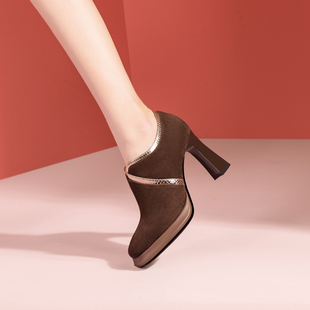 厚底高跟鞋 英伦风复古粗跟皮鞋 拼接磨砂方头单鞋 新款 女 2025春季