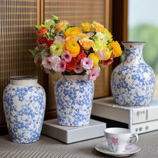 古风冰底白中式口宽陶瓷花瓶壶青花瓷牡丹裂纹经典花客厅摆件肚窄