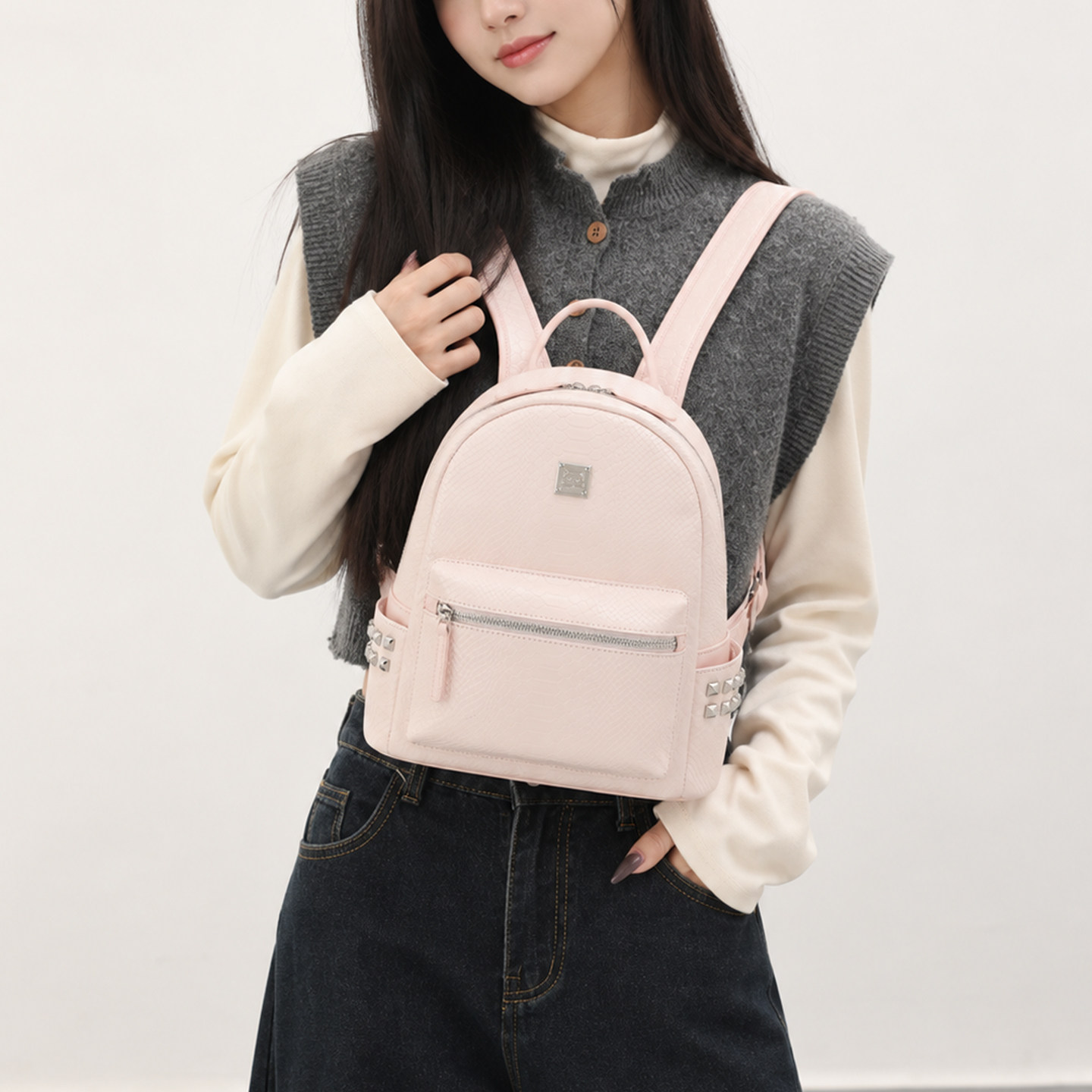 beamKitty蛇皮纹双肩包小众背包