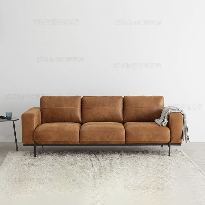 北欧现代头层牛皮全真皮意式轻奢简约小户型O后现代实木客厅沙发