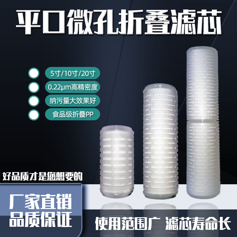 PP微孔折叠膜5寸10寸20寸平口通用折叠滤芯N0.22微米精密过滤器芯
