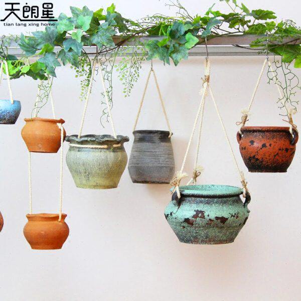 星天田园吊花盆壁挂粗陶花盆做旧陶罐 器花器朗悬家居复古陶悬挂