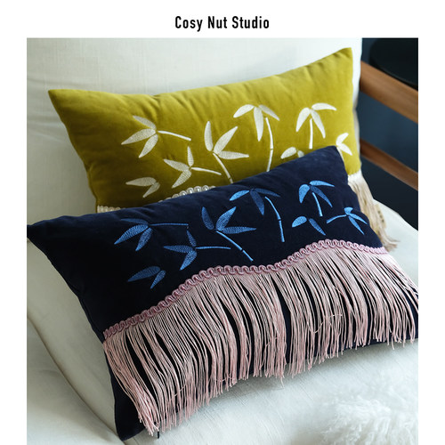 慢松球原创 竹子绣花流苏丝绒抱枕 复古中式轻奢客厅沙Z发靠垫腰