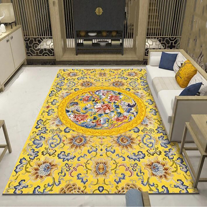 茶几地毯轻奢地垫新中式床边毯黄色金色复古金钻R绒客厅用花开富