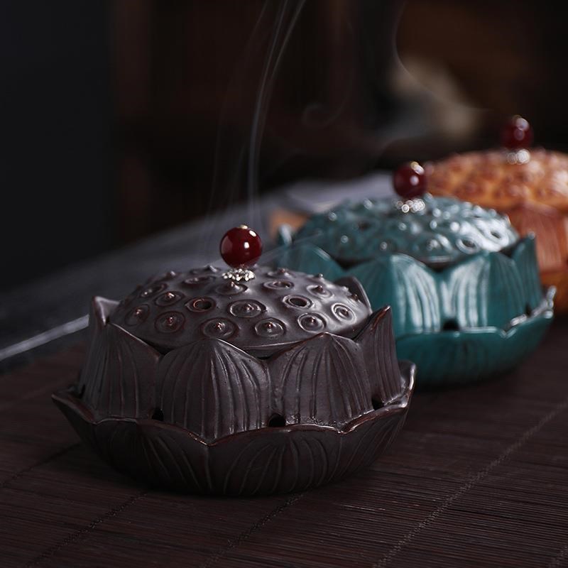 中式陶瓷新款莲花香炉复古荷花香粉香薰炉室内线香檀W香炉桌面摆