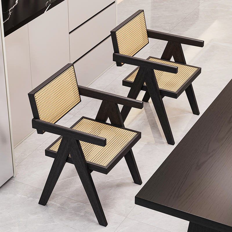 实木椅子家用餐i椅昌迪加尔椅餐厅中古餐桌凳子靠背茶桌扶手藤编