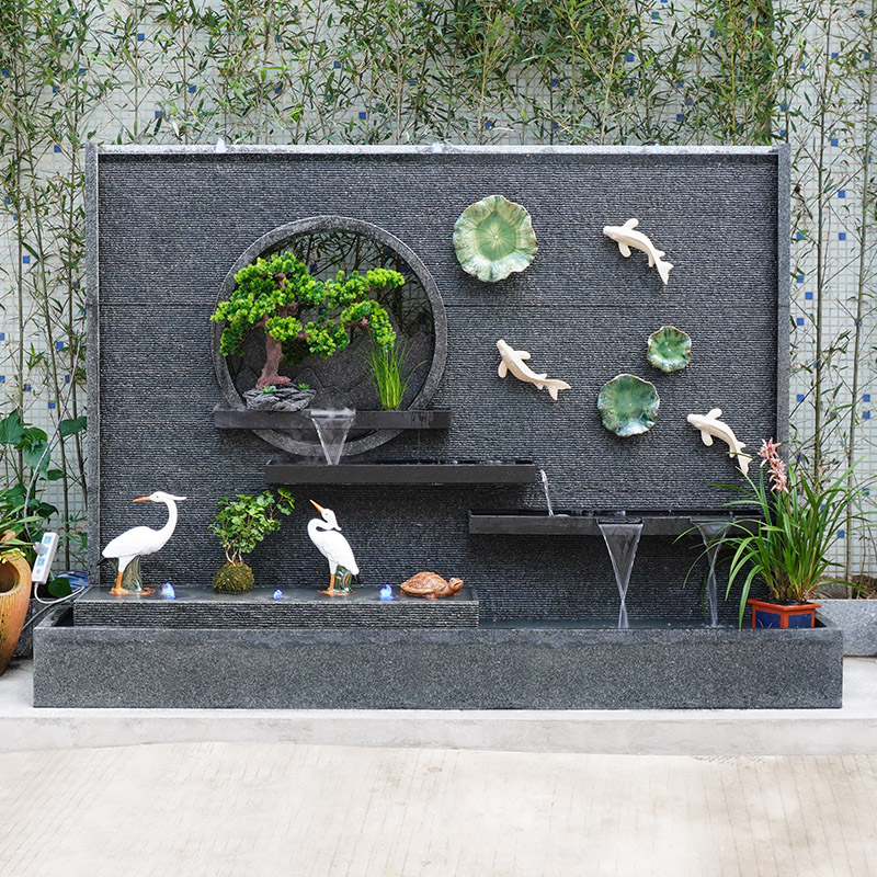 新中式石材水幕墙流水墙屏风隔断背景墙循K环水景鱼池造景庭院布