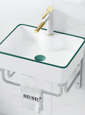 侘寂风格小户型挂墙式绿色边陶瓷洗手盆I不锈钢支架简易阳台洗脸