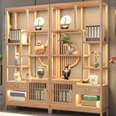 实木新中式 白蜡木博古架客厅置物架带灯茶叶架隔断梅花造型多宝阁