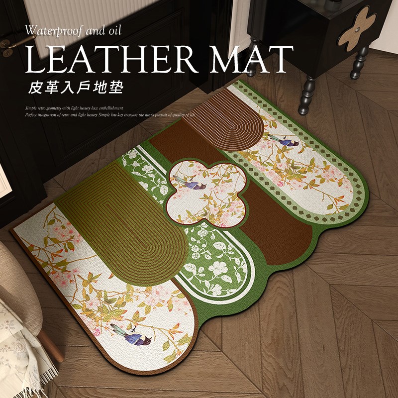 入户门地垫免洗皮革中o古风高级感入户进门门垫绿色耐脏防滑脚踏