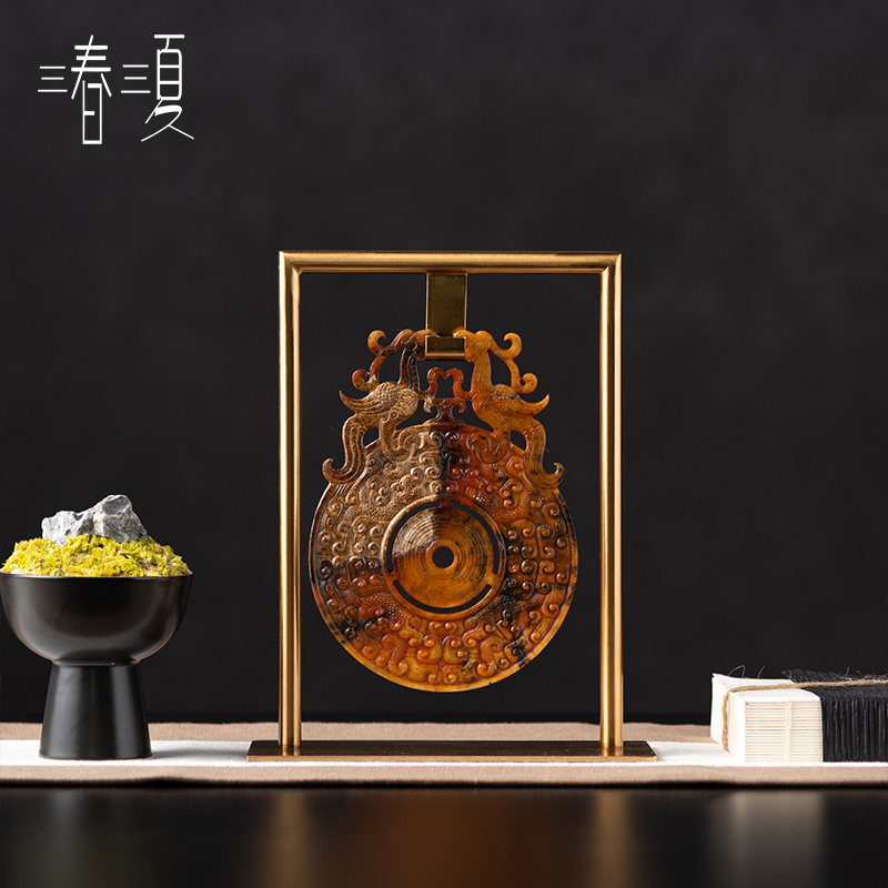 新中式复古玉璧摆件禅意茶室宋代软D装样板间博古架茶桌书房工艺