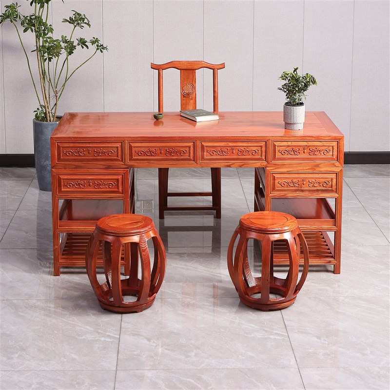 草龙办公桌实木榆木书桌中式大班台中医诊桌O写字台书法桌仿古明