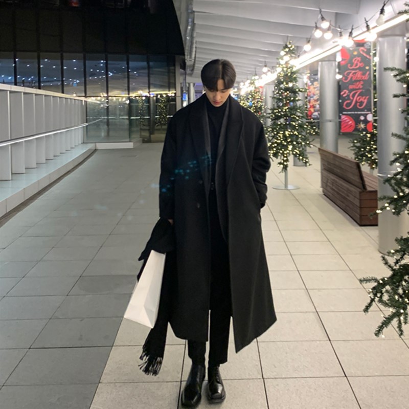 2024新款宽松韩版毛呢大衣男长款过膝冬季加厚羊绒外套呢子风衣男图片