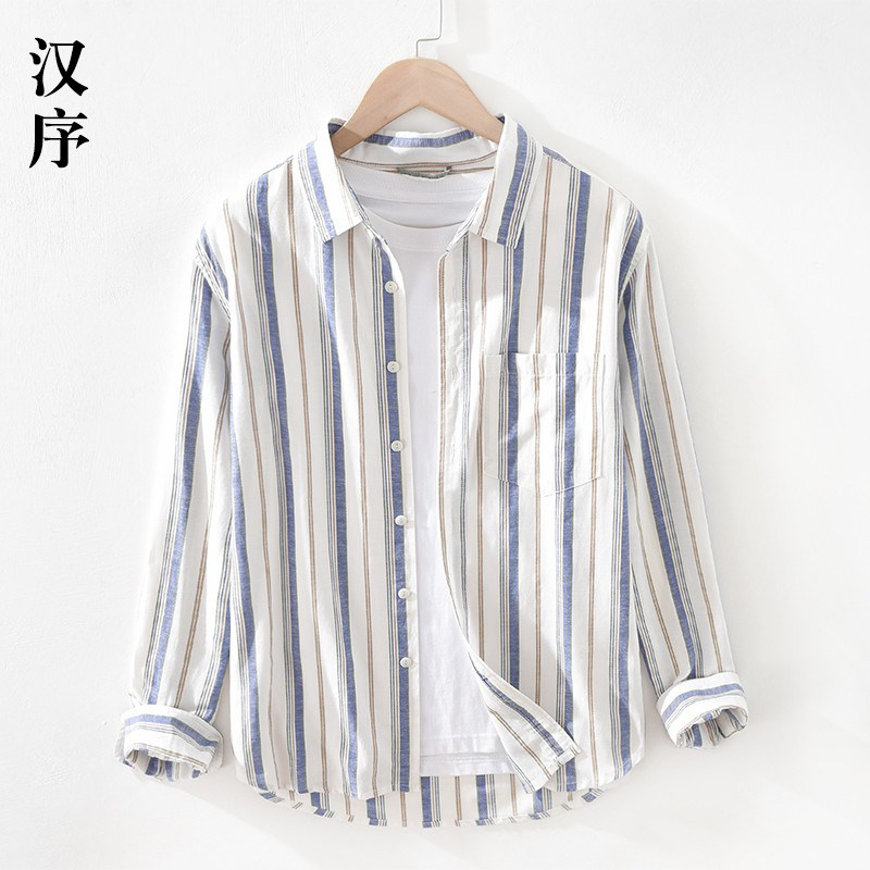 春夏季薄款日系复古亚麻衬衫男文艺竖条纹内搭长袖棉麻料衬衣外套