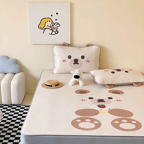 卡通风冰丝席三件套1.5米床夏凉席床笠款可水洗折叠单双人席子