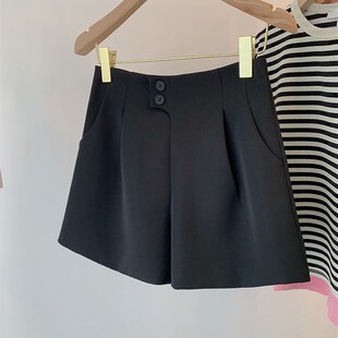 黑色纽扣装饰后拉链休闲阔腿直筒西装短裤女夏季薄款高腰外穿显瘦