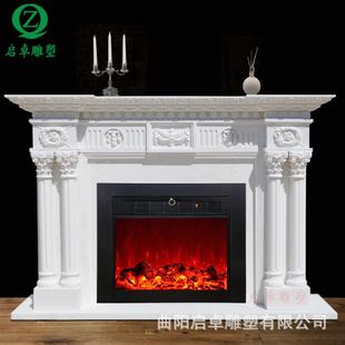 现货汉白玉双柱壁炉欧式雕花简约别墅客厅室内工艺品摆件
