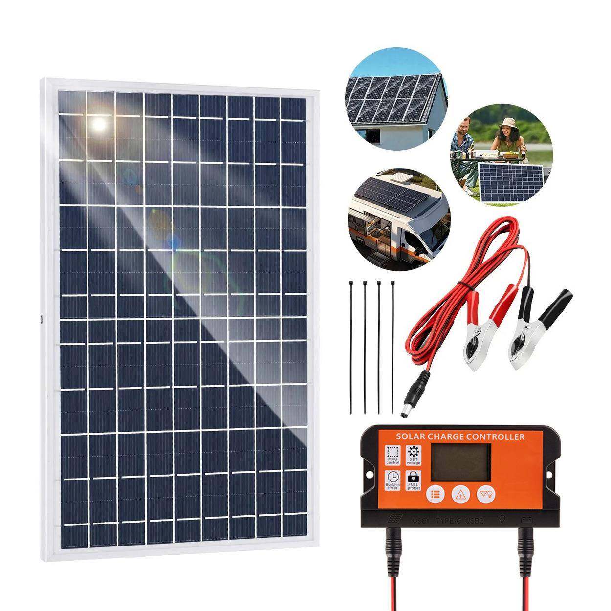 30W100W太阳能光伏组件铝合金边框12V电池太阳能充电器50A100A