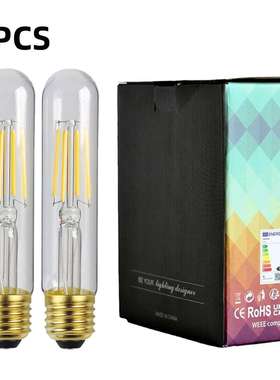 2个装T28试管灯LED灯丝灯泡120V 4W E26底座4000K中性光复古灯泡