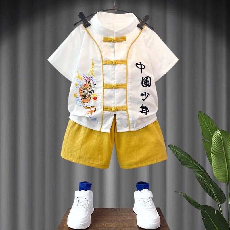 儿童古装汉服男童夏季薄款古风套装宝宝演出服小童中国风唐装棉麻图片