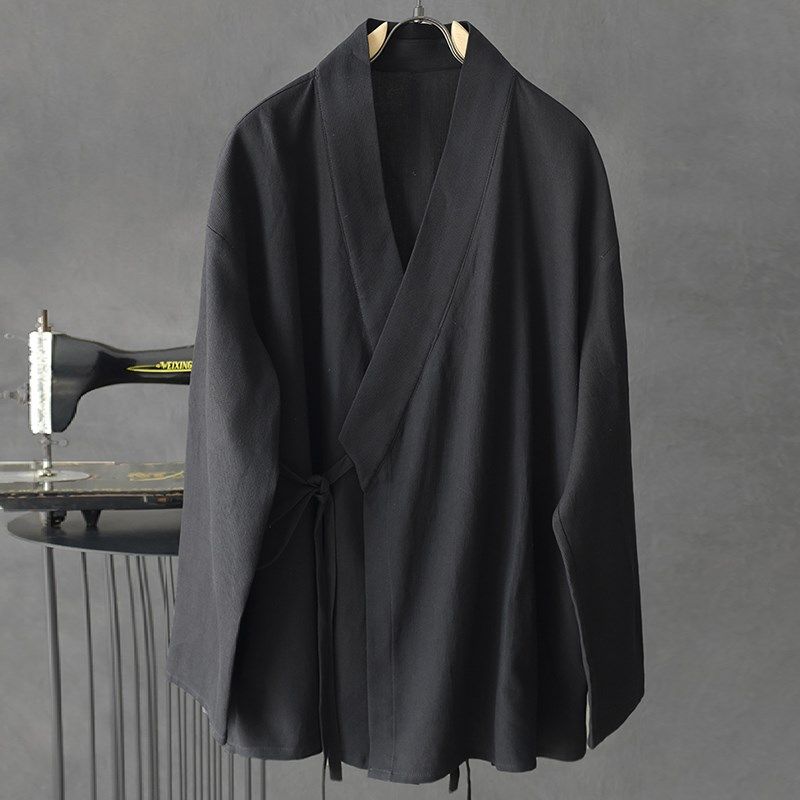 初秋新款新中式复古潮流男士休闲汉服中国风斜襟宽松纯色罩衫风衣