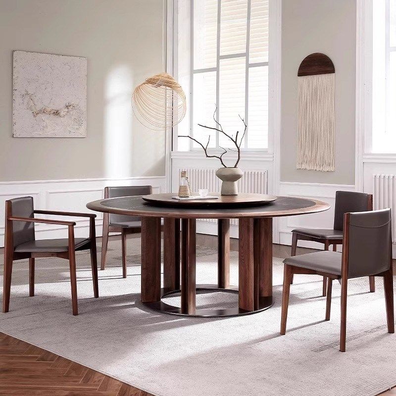 意式极简大户型别墅吃饭桌黑胡桃实木圆形餐台家用岩板轮盘大圆桌