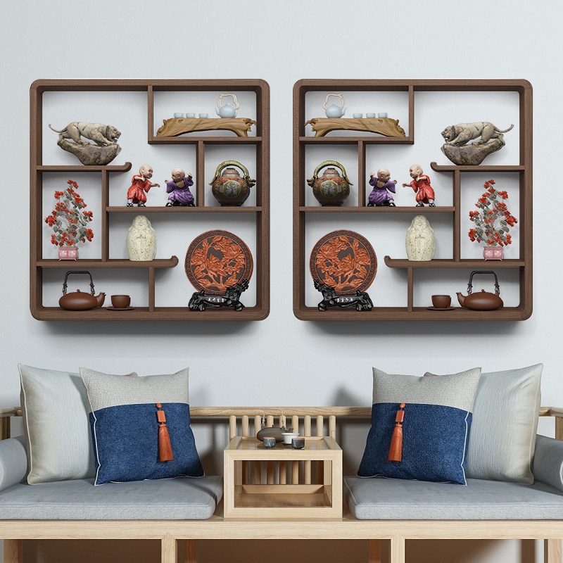 博古架实木中式壁挂多宝阁挂墙茶架子置物架墙上古典古董架小禅意