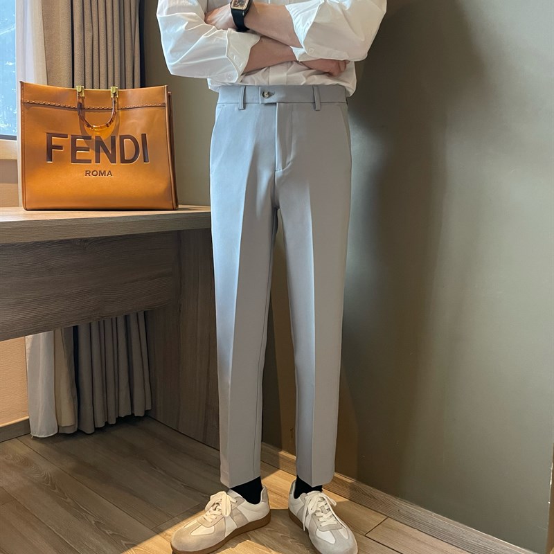 时尚百搭纯色带弹力男士休闲裤韩版直筒免烫修身小脚九分潮流裤子