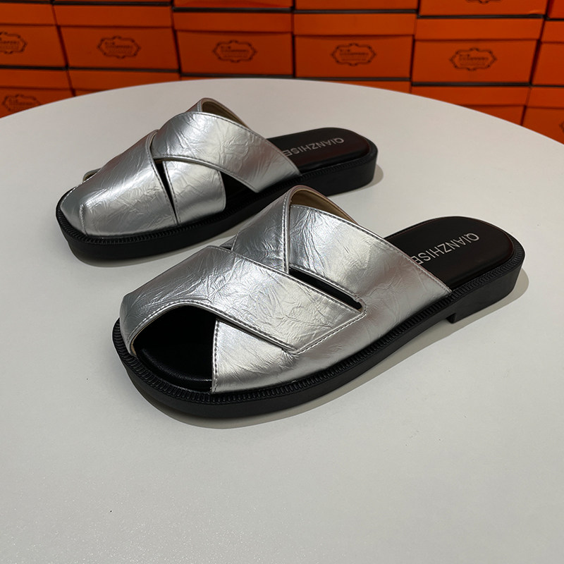 软面真皮凉拖鞋女外穿2024夏季新款韩版休闲平底一脚蹬沙滩凉鞋女,女鞋,一字拖,淘宝优惠券,粉丝福利购,淘宝优惠卷