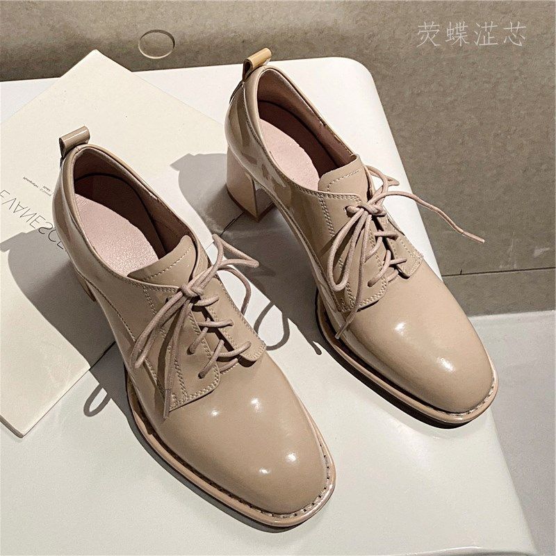 韩版真皮方头高跟鞋女时尚系带粗跟百搭漆皮舒适黑色小皮鞋潮单鞋,女鞋,深口单鞋,淘宝优惠券,粉丝福利购,淘宝优惠卷