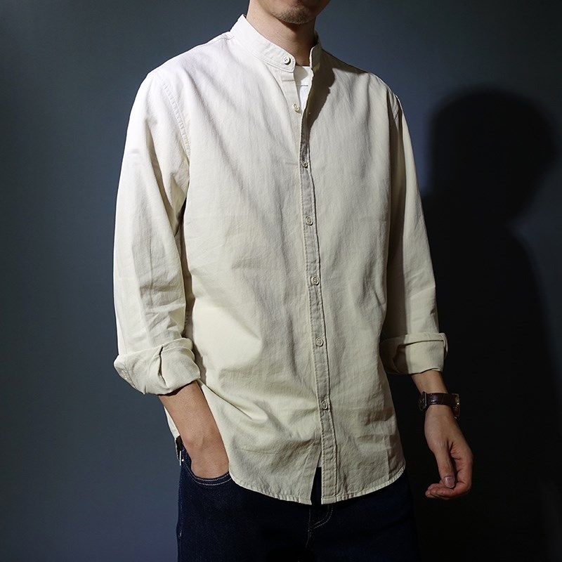 中国风纯棉立领复古长袖衬衫男版中山装青年斜纹棉休闲纯色衬衣潮