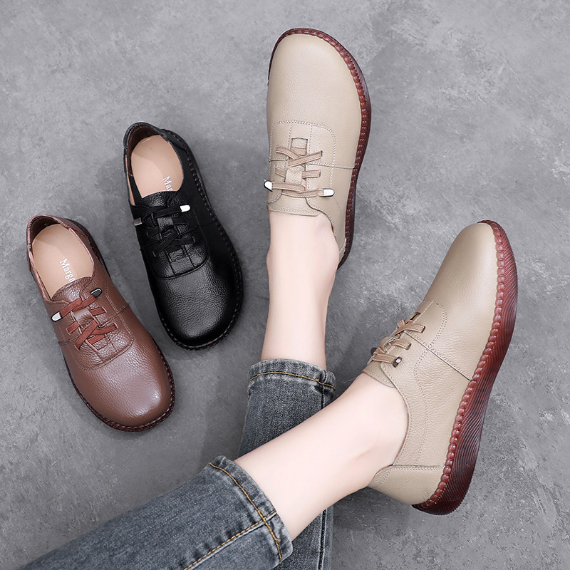 真皮休闲妈妈鞋一脚蹬单鞋平底中老年软底女鞋舒适牛筋底防滑皮鞋,女鞋,深口单鞋,淘宝优惠券,粉丝福利购,淘宝优惠卷