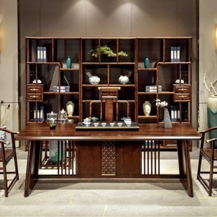 2.2米总裁办公室茶桌椅组合新中式 实木干泡功夫茶台一桌五椅原木